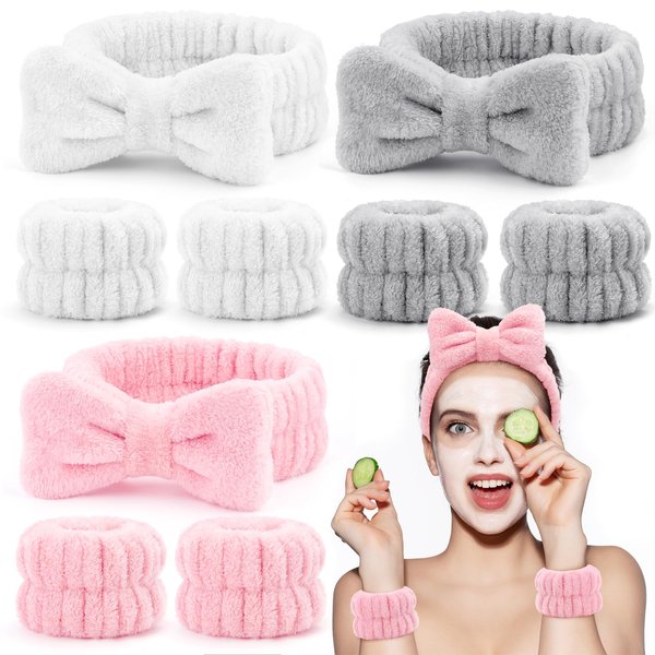 EIMMBD 9 PCS Face Wash Headband Wristband Set, Wrist Towels for Washing Face, Microfiber Face Washing Wristbands Makeup Headband Spa Wash Towel Band for Women(Pink White Grey)