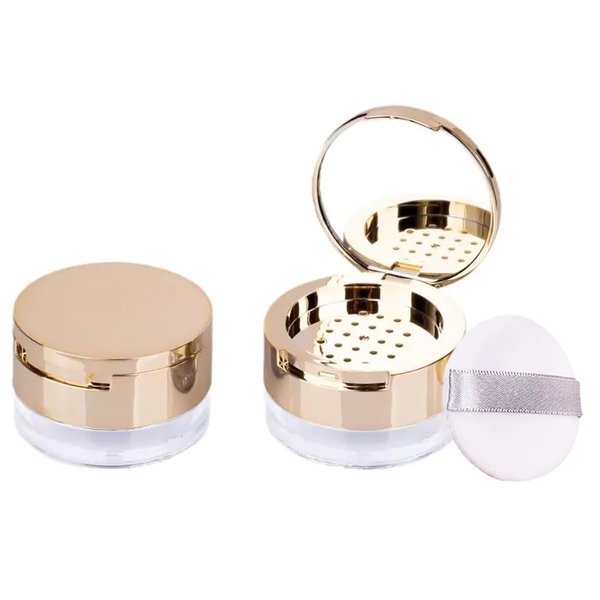 1 Pc Gold Delicate 6 Gram Loose Powder Containers with Puff, Portable Empty Makeup Powder Container, Reusable Plastic Powder Case Mini Powder Compact DIY Makeup Powder Case with Mirror