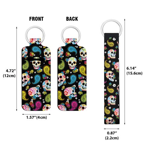 WIRESTER 3 Set of Lipstick Holder Wristlet Keychain Lanyard, Chapstick Holder Keychain, Neoprene Lip Balm Holder Cover for Women - Colorful Sugar Skulls, Full Tropical Sea Coral, Fabullama Pattern