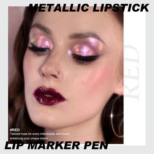 Wugbc Lip Combo Kit, Metallic Lipstick for Women Long Lasting Matte Lip Liner Pencil Shimmer Lip Gloss Stick Glitter Non Stick Cup Dark Red Lip Color Makeup Transfer Proof Pearl Daily Shinning