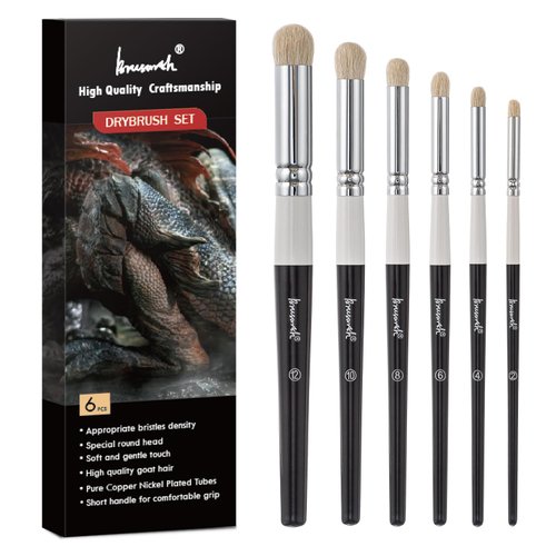 Brusarth Drybrush Set-Hobby Detail Paint Brush Set, 6 Sizes Goat Hair Acrylic Paint Brushes for Tabletop & Wargames Miniature Watercolor Oil Painting, Model for Beginners & Professional
