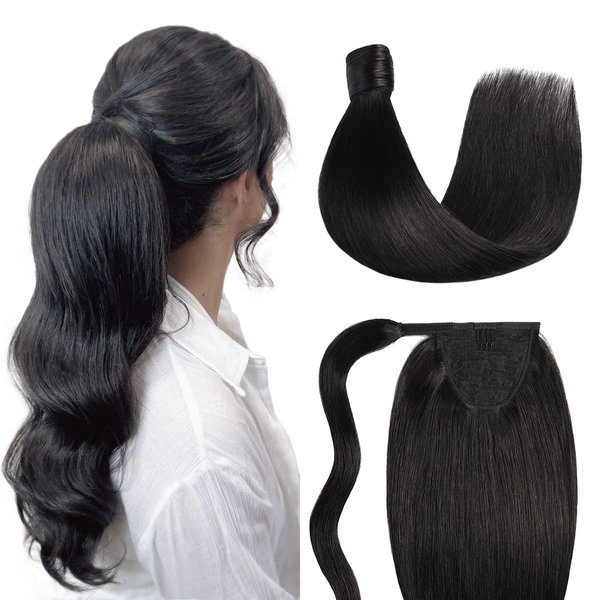 SUYYA Ponytail Human Hair Wrap Around Clip in Hair Piece Ponytail Extension Human Hair Straight Human Hair Ponytail Extensions with Magic Paste 80G 18 Inch #1B Natural Black