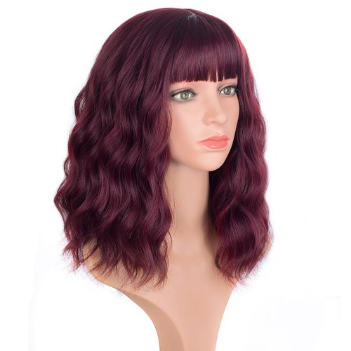 ITTAYLER Black Red Wig Short Curly Wavy Bob Wigs for Women Cosplay Wig Split Synthetic Wigs with Bangs Costume Halloween Party Wigs for Grils