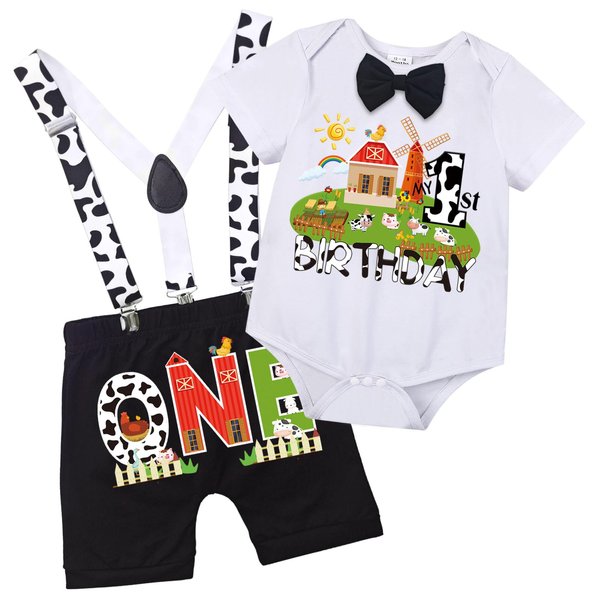 Wosixima Baby Boys 1st Birthday Farm Bodysuit Outfit,First Birthday Cake Smash Romper Cosplay Costume for Infant Boy,Newborn Short Sleeve Shirt Bowtie Suspenders Shorts Pants Suit,6-12Months