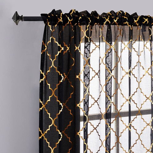 YJ YANJUN Sheer Black Curtains 108 inches Long -Gold and Black Curtains with Quaterfoil Pattern Print Window Curtains 2 Panels,52 x 108 Inch