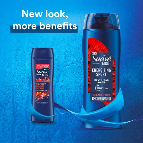 Suave Men Face & Body Wash, Body Cleanser for Moisturized Skin, Energizing Sport, With an All day Fresh Scent 18 oz