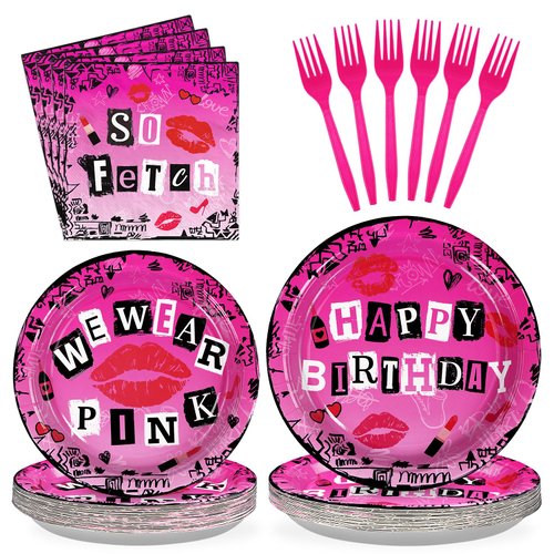 96 Pcs Mean Pink Girls Birthday Party Supplies We Wear Pink Plates and Napkins Disposable Hot Pink Lips Movie Theme Tableware Set Mean Party Decorations for Girls Birthday Bachelorette Party Serves 24