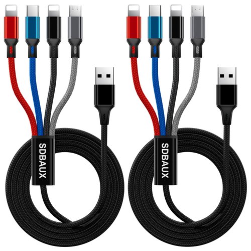 Multi Charging Cable,USB A to 4 in 1 Nylon Braided Dual iP/Type C/Micro Port Fast Charger Cord for iPhone 16 15 14 13 12 Pro Max iPad Mini Air,Galaxy S23/S22/S20,Cell Phones Tablets and More-2Pack