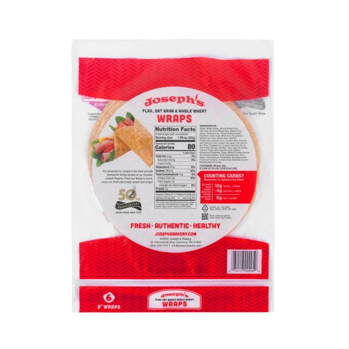 Joseph's Low Carb Wrap Value 3-Pack, Flax, Oat Bran and Whole Wheat, 8g Carbs Per Serving, Fresh Baked (6 Per Pack, 18 Wraps Total)