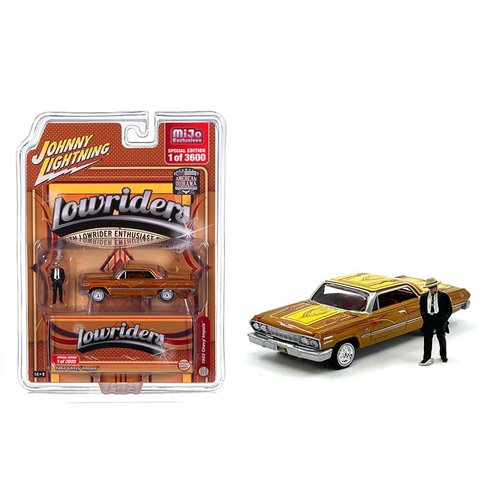 Round 2 1963 Chevy Impala Lowrider Orange with Graphics and Diecast Figure Limited Edition to 3600 Pieces Worldwide 1/64 Diecast Model Car by Johnny Lightning JLCP7459