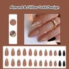 ANDGING Almond Press on Nails Short Medium Pink Marble Glue on Nails with Glitter Gold Design Fake Nails for Wedding Birthday 24Pcs Manicure Acrylic False Nails Women Gel Stick on Nail with Glue AG88