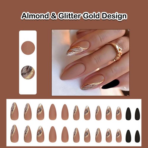 ANDGING Almond Press on Nails Short Medium Pink Marble Glue on Nails with Glitter Gold Design Fake Nails for Wedding Birthday 24Pcs Manicure Acrylic False Nails Women Gel Stick on Nail with Glue AG88
