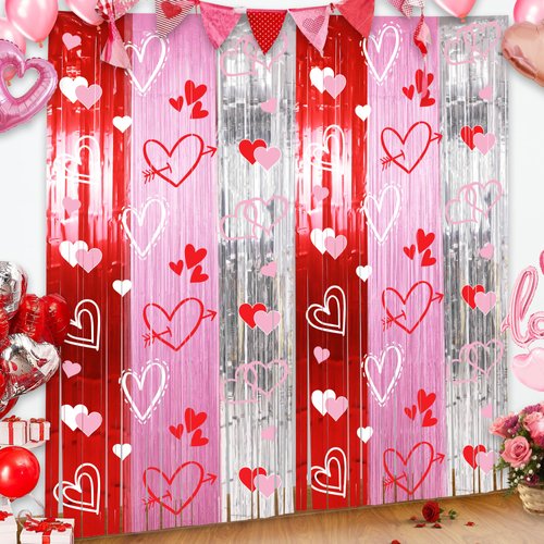 Foil Fringe Curtains Backdrop Valentines Party Decorations, 2 Pack 3.3 x 6.6 FT Red Pink Silver Tinsel Valentines Day Backdrop, Valentines Photo Backdrops Galentines Day Decor Wedding Party Decor