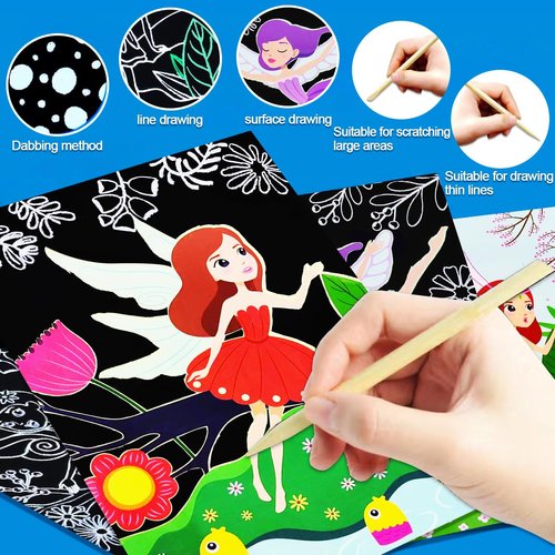 JUNQIU Scratch Art for Kids, Princesses Black Rainbow Scratch Art Paper Set-Arts and Crafts Kits & Supplies, Party Games & Activity, Gifts for Toddlers Girls Birthday Christmas