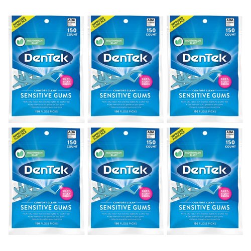 DenTek Comfort Clean Sensitive Gums Floss Picks, Soft & Silky Ribbon, 150 Count, 6 Pack (Blue)
