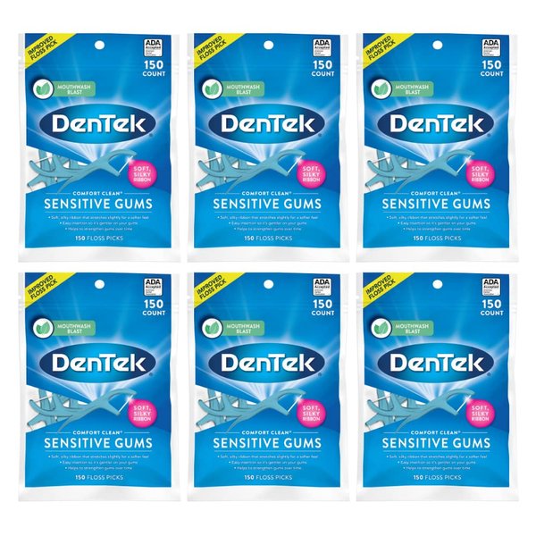 DenTek Comfort Clean Sensitive Gums Floss Picks, Soft & Silky Ribbon, 150 Count, 6 Pack (Blue)