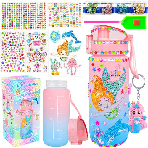 YIOTJUNL Decorate Your Own Water Bottle Kits for Girls Gifts Age 4-13, Mermaid Gem Crafts, Fun Arts and Crafts Gifts Toys for Girls Birthday Gift Christmas Gift, for 4 5 6 7 8 9 10 12 13 Year Kids.