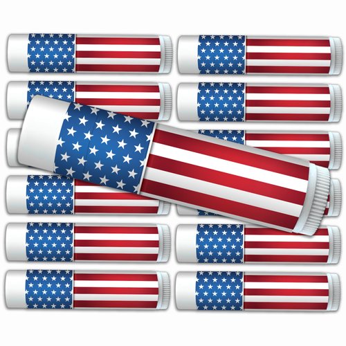 American Flag Accessories Stars and Stripes Premium Lip Balm 12-Pack. Made with SPF 15, Beeswax, Aloe Vera, Coconut Oil, Vitamin E. Party Supplies, Party Favors.