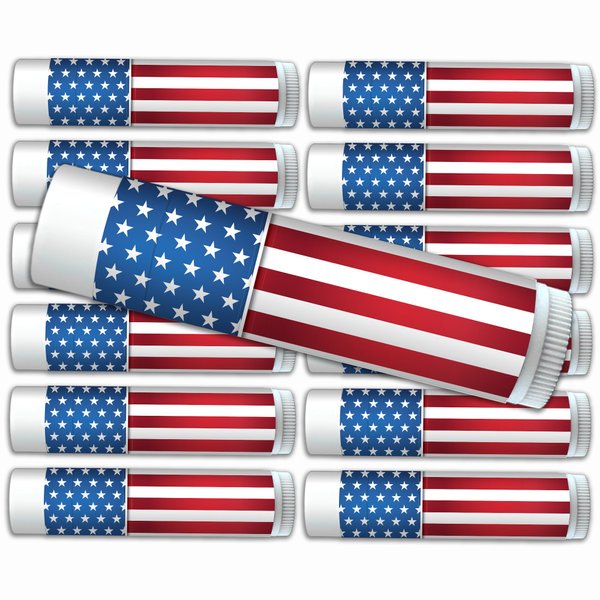 American Flag Accessories Stars and Stripes Premium Lip Balm 12-Pack. Made with SPF 15, Beeswax, Aloe Vera, Coconut Oil, Vitamin E. Party Supplies, Party Favors.