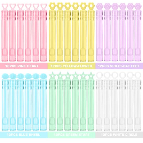 72 Pack(6 Colors 6 Style) Mini Bubble Wand Assortment Toy, Ideal Party Favors for Kid Birthday, Bubble Bulk Party Supplies, Spring Summer Autumn Outdoor Indoor Activity Use Festival Gifts for Girl Boy