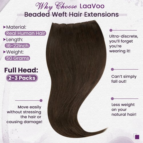 LaaVoo Beaded Weft Hair Extensions Real Human Hair Brown Bead Hair Extensions Weft Human Hair Dark Brown Human Hair Extensions Beaded Weft Brown 20 Inch 50G