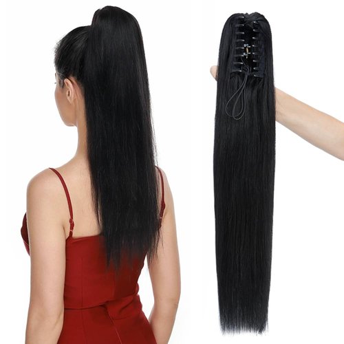 MY-LADY Ponytail Extension Human Hair Claw Clip in Ponytail Hair Extension Long Straight Pony Tail Hair Extensions Real Human Hair for Women Jet Black 14 Inch 105g