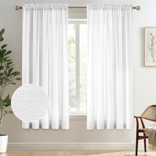 Melodieux White Semi Sheer Curtains 63 Inches Long for Living Room, Linen Look Bedroom Rod Pocket Voile Drapes, 52 by 63 Inch (2 Panels)