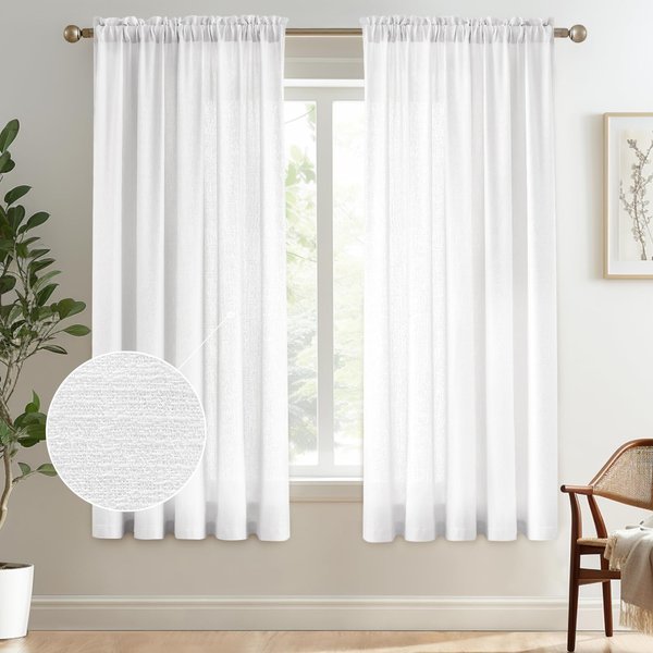 Melodieux White Semi Sheer Curtains 63 Inches Long for Living Room, Linen Look Bedroom Rod Pocket Voile Drapes, 52 by 63 Inch (2 Panels)
