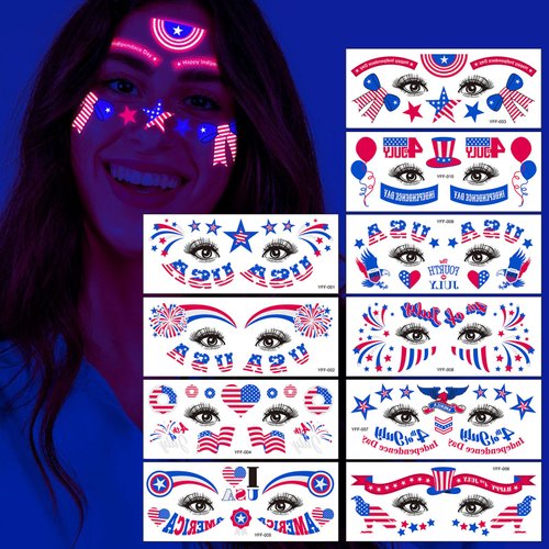 Independence Day Face Glow Temporary Tattoo Stars Hats National Flag Tattoos for Kids Adults, July 4th Patriotic Party Fluorescence Fake Tattoos for Eye Makeup Face Decor 10 Sheets