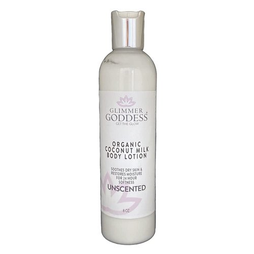 GLIMMER GODDESS Organic Body Lotion - Unscented Coconut Milk, Moisturizes for Soft Silky Skin All Day 8 oz