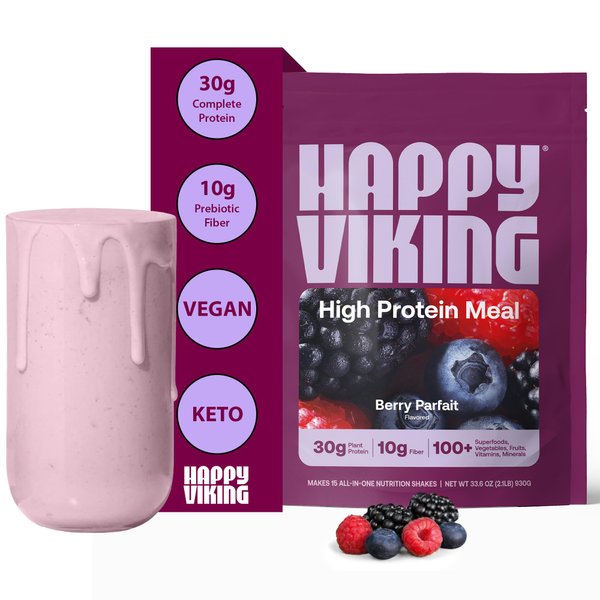 Happy Viking Berry Parfait Protein + Superfoods Powder, Created by Venus Williams, 30G Protein, Low Carb, Keto, Vegan, Gluten-Free, Non-GMO, Complete Meal Replacement, 1 Bag