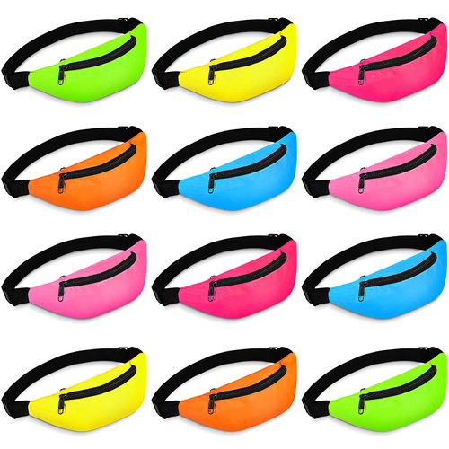 Frienda 12 Pieces Neon Fanny Pack Waist Bag Adjustable Waist Bag Belt Bag Exercising Running Waist Bag for Travel Party Festival Running Hiking, 6 Colors