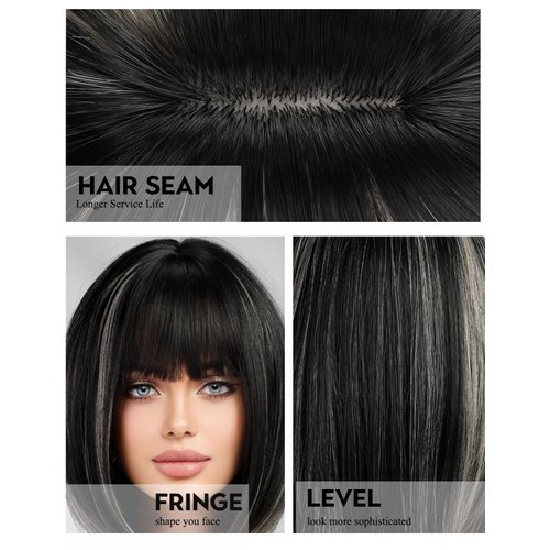 Getshow Short Black with Highlight Bob Wigs for Women,Synthetic Hair Wig with Bangs for Daily