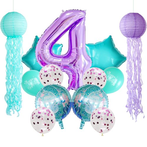 ADLKGG Birthday Decorations Mermaid Theme Party, Under the Sea Party Supplies Hanging Jellyfish Paper Lanterns Balloons Number 4 Foil Balloons for Mermaid 4th Birthday Party Decorations
