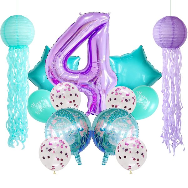 ADLKGG Birthday Decorations Mermaid Theme Party, Under the Sea Party Supplies Hanging Jellyfish Paper Lanterns Balloons Number 4 Foil Balloons for Mermaid 4th Birthday Party Decorations