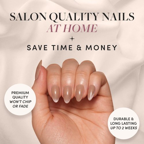 Glamnetic Press On Nails - Honey Bun | Trendy Neutral Nude Velvet Sparkly Short Almond Fake Nails, Reusable | 15 Sizes - 30 Nail Kit
