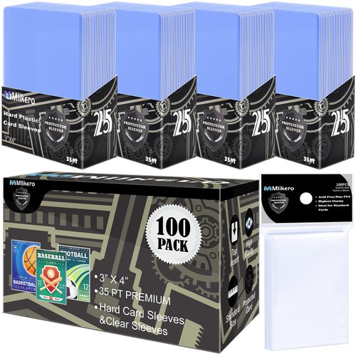 200 Card Sleeves Hard Plastic, Baseball Card Protectors Hard Plastic, 3"x4" Hard Card Sleeves for Baseball Cards, Football Cards (100 Hard Card Sleeves + 100 Clear Sleeves)