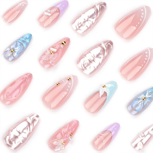 French Tip Press on Nails Almond Fake Nails with 3D Butterfly Flower Pearls Charms Designs Cute Acrylic Nails Glossy Glue on Nails Summer False Nails Nude Artificial Stick on Nails for Women 24Pcs