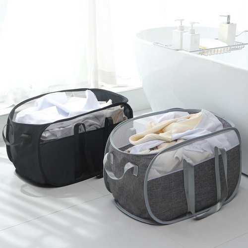 Pop-Up Laundry Basket，collapsible Mesh Laundry Hamper– With Extended Shoulder Straps, Sturdy Handles, and Premium Cationic Fabric (black)