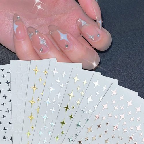 7 Sheets Stars Nail Art Stickers Decals, Nail Supplies 3D Self-Adhesive Nail Decals Metallic Stars Shiny Glitter Gold Silver White Nail Designs Stickers for Acrylic Nails Art Decoration Accessories