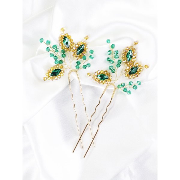 Brihasory Green Gold Bridal Hair Pins 2PCS Wedding Hair Pieces for Brides, Handmade Crystal Hair Clip for Women Hair Accessories, Daily Party Prom Hair Decoration Bridesmaid Gifts(Green)