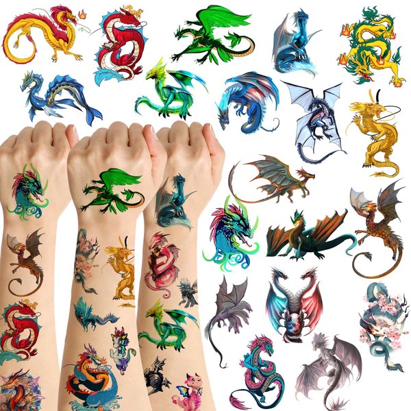 Dragon Temporary Tattoos Dragon Party favors for Kids Adults, 20 Sheets 144 Pieces Dragon Tattoos Stickers Party Supplies Dragon Birthday Party Favors, Goodie Bag Fillers