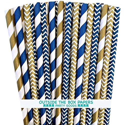 Outside the Box Papers Navy Blue and Gold Chevron and Stripe Paper Straws 7.75 Inches 100 Pack Navy Blue, Gold, White