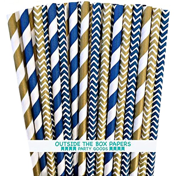 Outside the Box Papers Navy Blue and Gold Chevron and Stripe Paper Straws 7.75 Inches 100 Pack Navy Blue, Gold, White