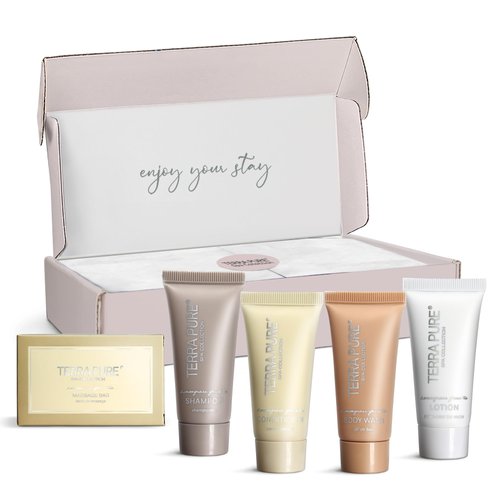 Terra Pure Spa Collection Amenity Kit | Hotel Toiletries | Bulk Set 0.85 oz Travel Size Shampoo,Conditioner, Lotion, Body Wash & Massage Bar for Guest Hospitality AirBnB/Vacation Rentals |1 set/ case