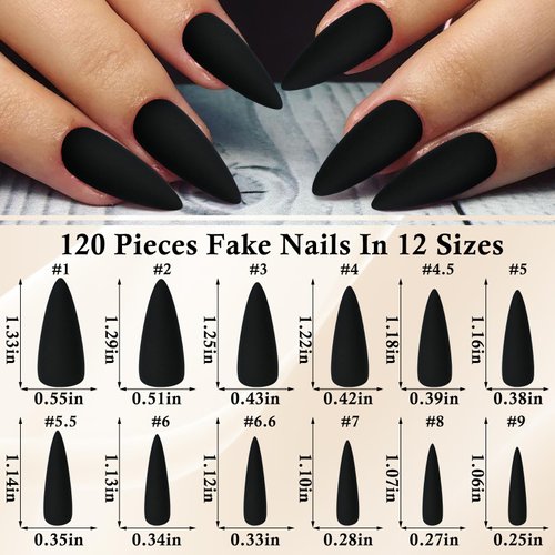 LoveOurHome 100pc Stiletto Press on Nails Long Matte Artificial False Nails Full Cover Acrylic Nail Tips Halloween Manicure Design Decor for Women Girls Salon Home DIY (Black)