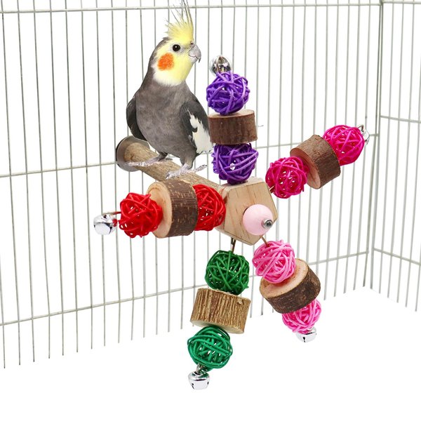 Neeenn Bird Perch Toy with Rotating Bell and Takraw Balls, Bird Chewing Toys, Bird Cage Accessories, Suitable for Birds Cockatiel Parakeets Parrots Budgies Lovebird Conures