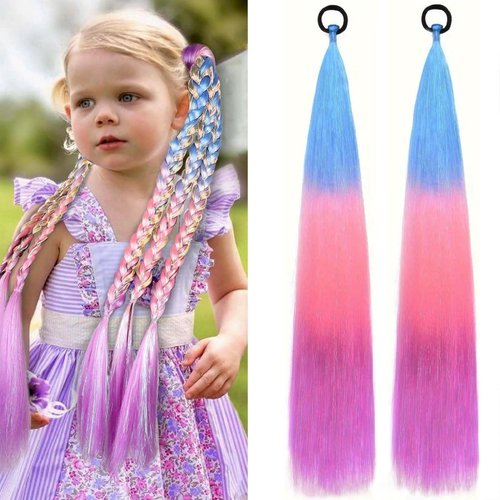 Ponytail Extension With Hair Tie, Colored Hair Extensions for Braiding, Crazy Hair Day Pony Tail Hair Extensions for Braids, Rainbow Hair Extensions for Kids, Ombre Hair Extensions for Braids, 2 Packs