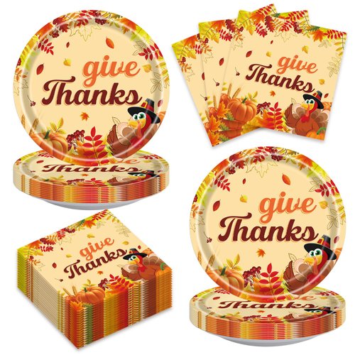 40pcs Thankgiving Day Party Supplies，Fall theme Paper Plates Napkins Give Thanks Turkey Party Birthday Decorations Favors for Kids Serves 20