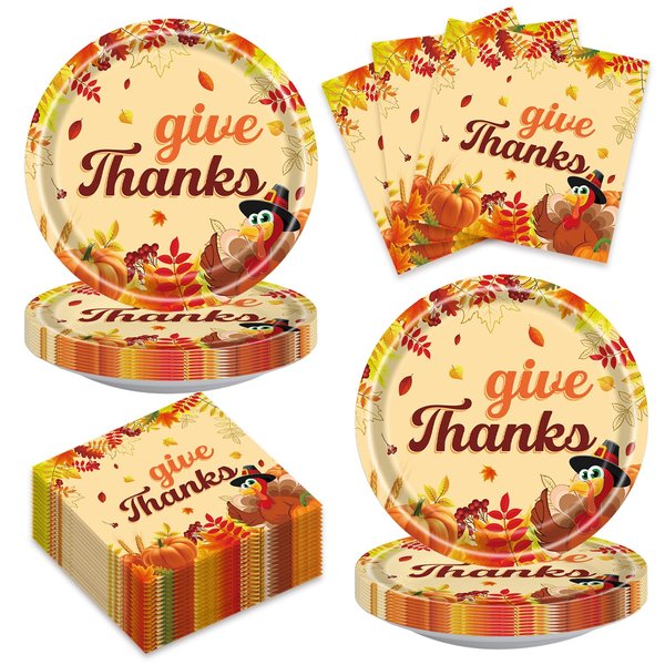 40pcs Thankgiving Day Party Supplies，Fall theme Paper Plates Napkins Give Thanks Turkey Party Birthday Decorations Favors for Kids Serves 20
